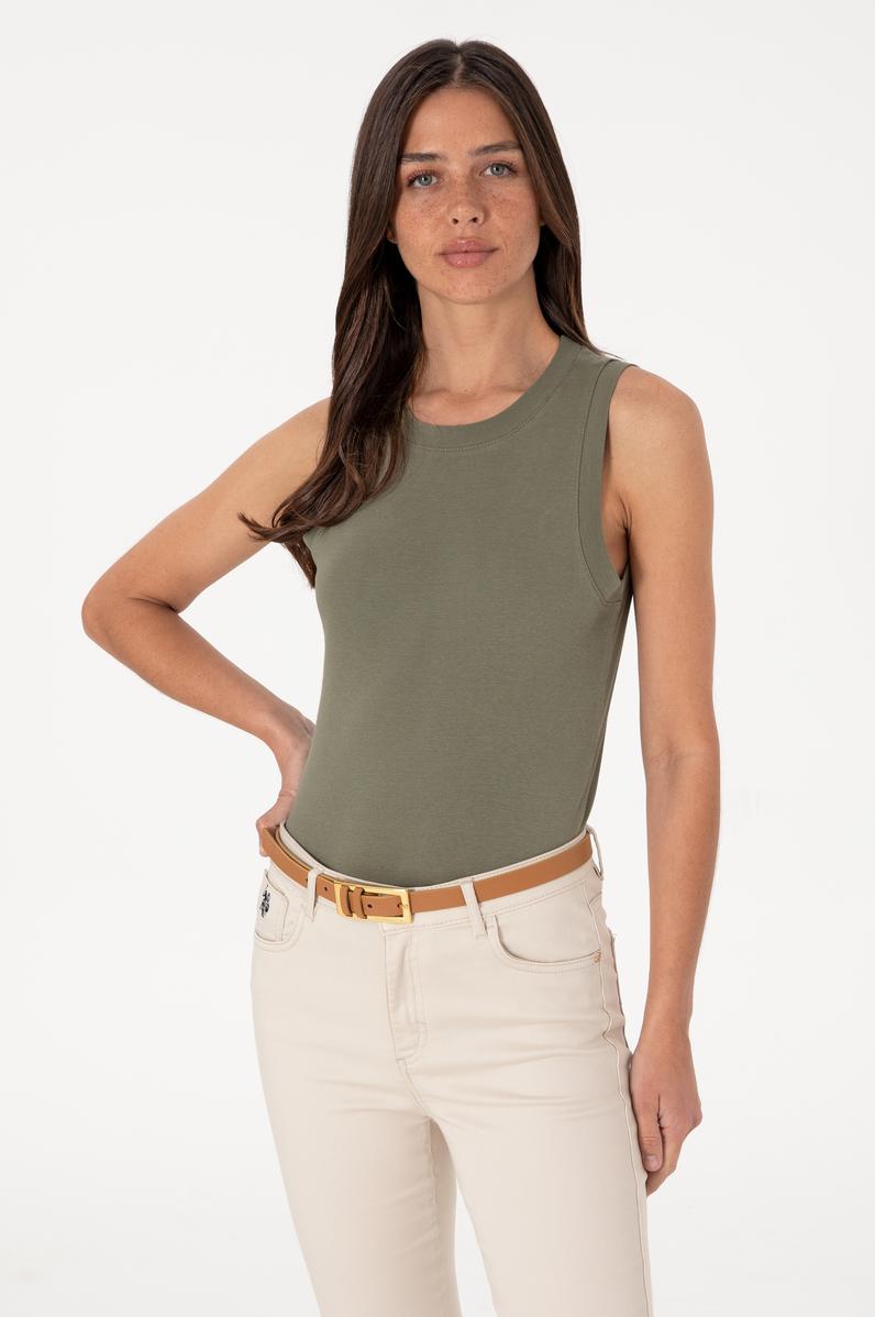 Kadın Koyu Haki Kolsuz Bisiklet Yaka Basic Tişört