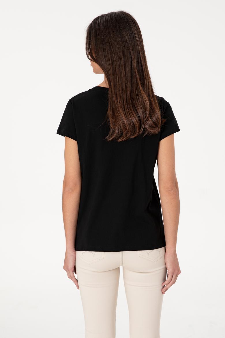 Kadın Siyah Bisiklet Yaka Tişört - 50305842107