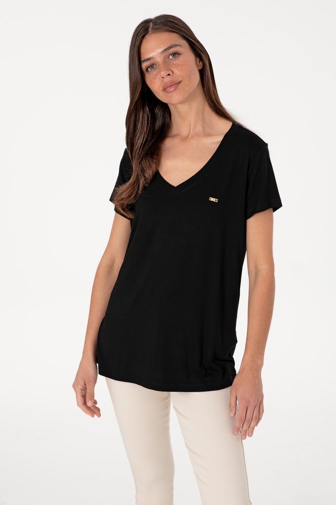 Kadın Siyah Modal Karışımlı V Yaka Basic Tişört