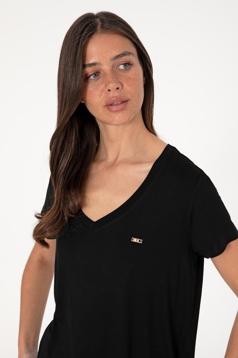 Kadın Siyah Modal Karışımlı V Yaka Basic Tişört