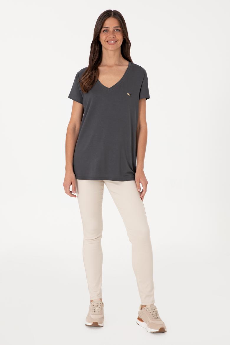 Kadın Antrasit Modal Karışımlı V Yaka Basic Tişört - 50305773019