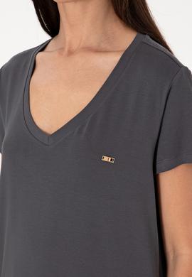 Kadın Antrasit Modal Karışımlı V Yaka Basic Tişört - 50305773019