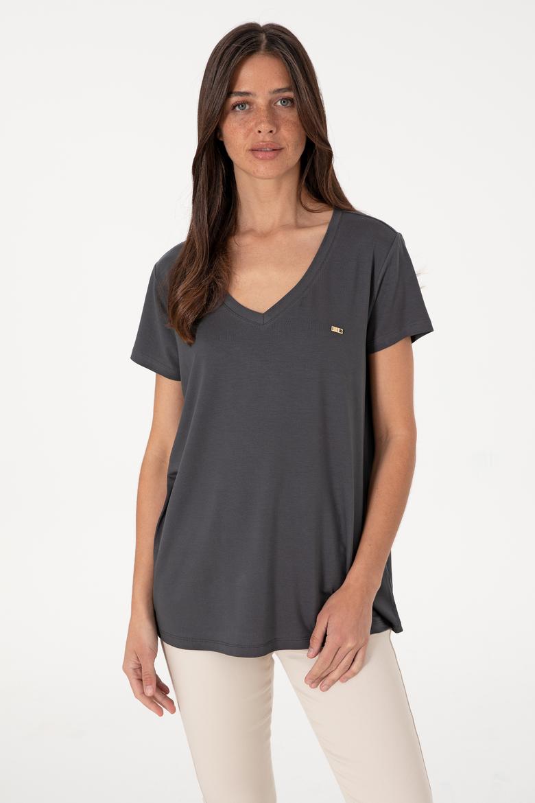 Kadın Antrasit Modal Karışımlı V Yaka Basic Tişört