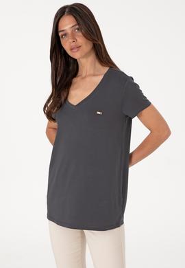 Kadın Antrasit Modal Karışımlı V Yaka Basic Tişört - 50305773019