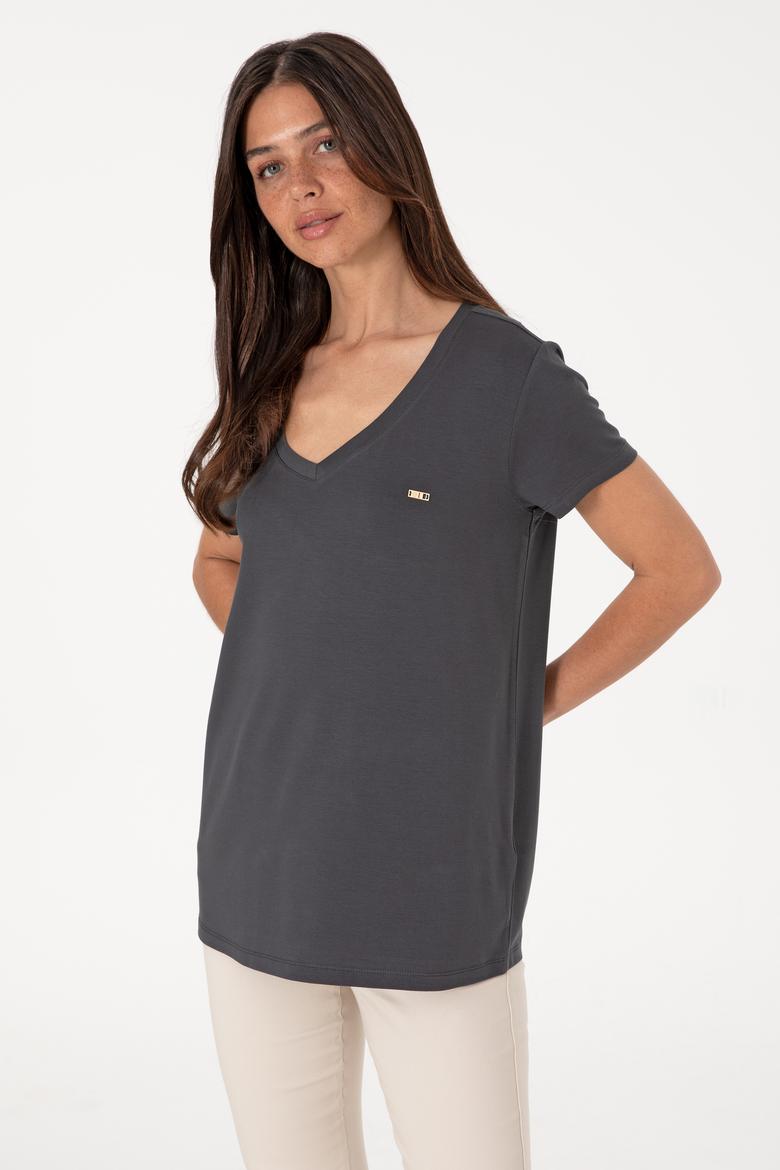 Kadın Antrasit Modal Karışımlı V Yaka Basic Tişört - 50305773019