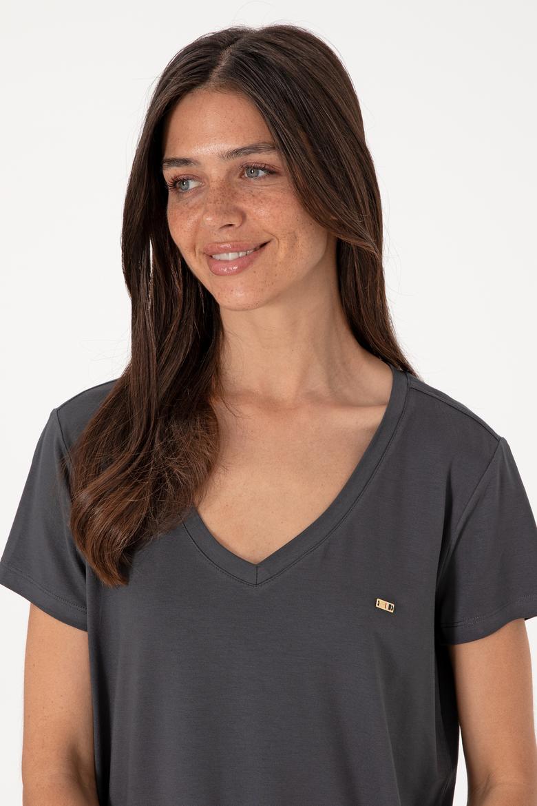 Kadın Antrasit Modal Karışımlı V Yaka Basic Tişört - 50305773019