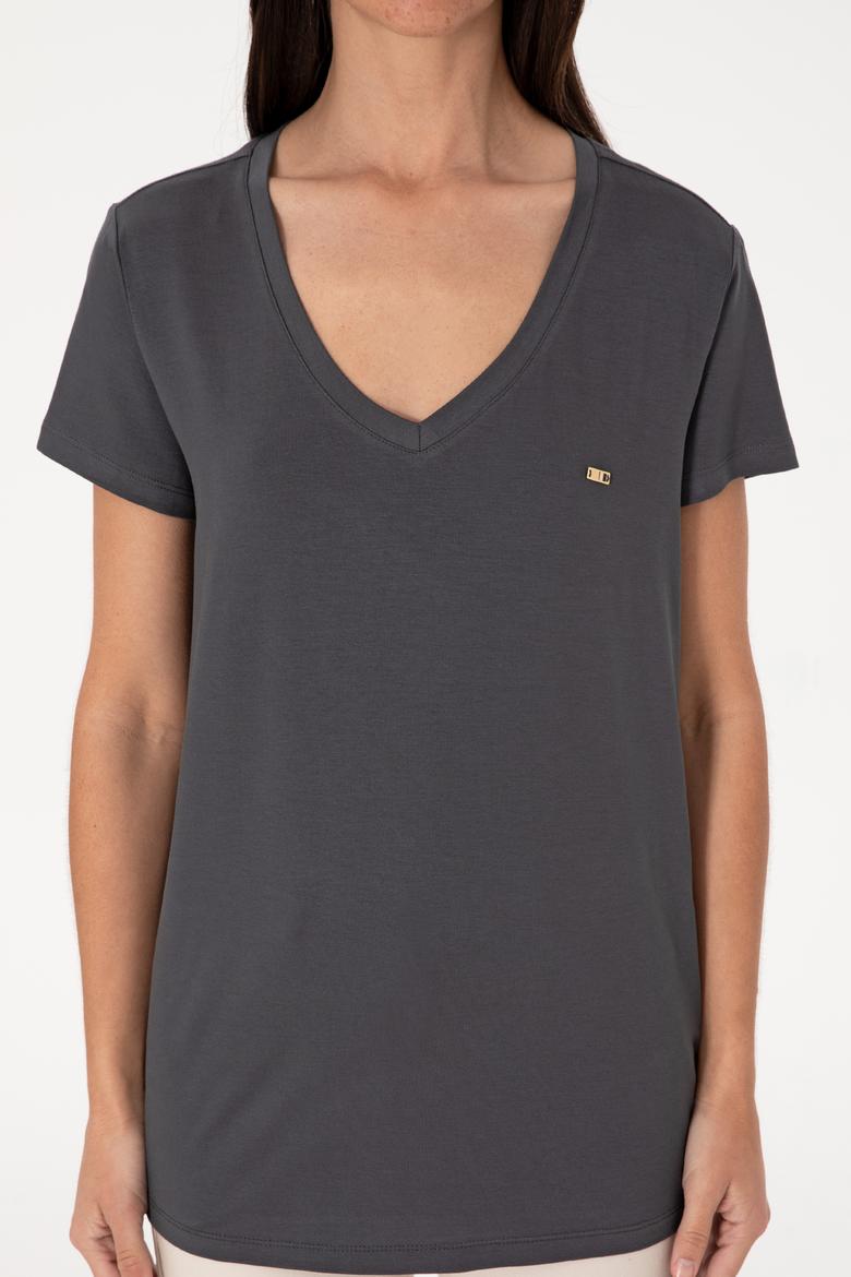 Kadın Antrasit Modal Karışımlı V Yaka Basic Tişört - 50305773019