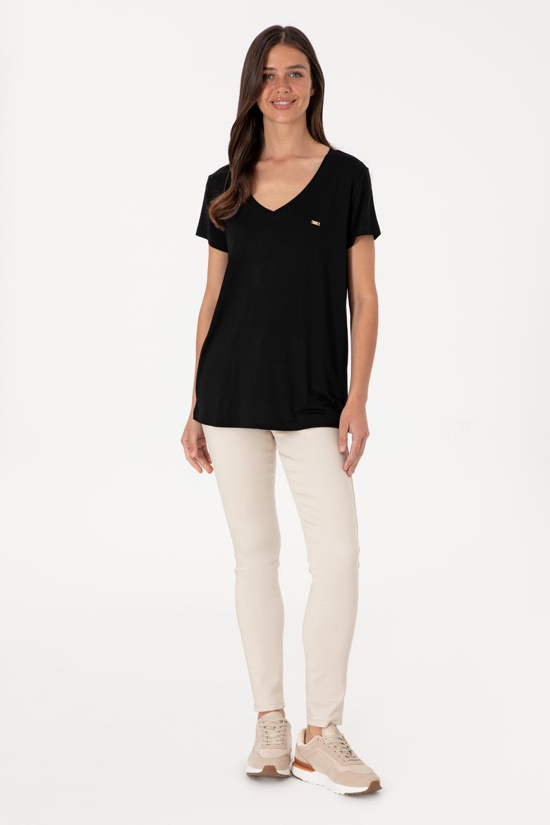 Kadın Siyah Modal Karışımlı V Yaka Basic Tişört - 50305773068