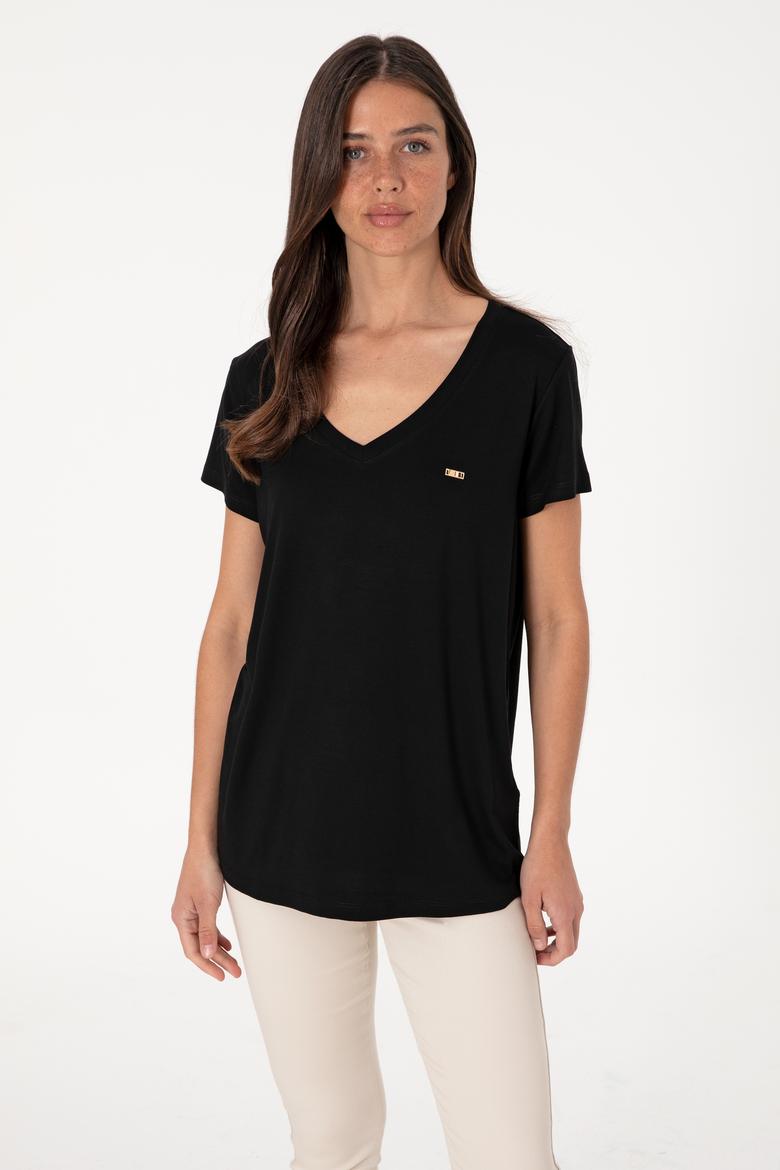 Kadın Siyah Modal Karışımlı V Yaka Basic Tişört - 50305773068