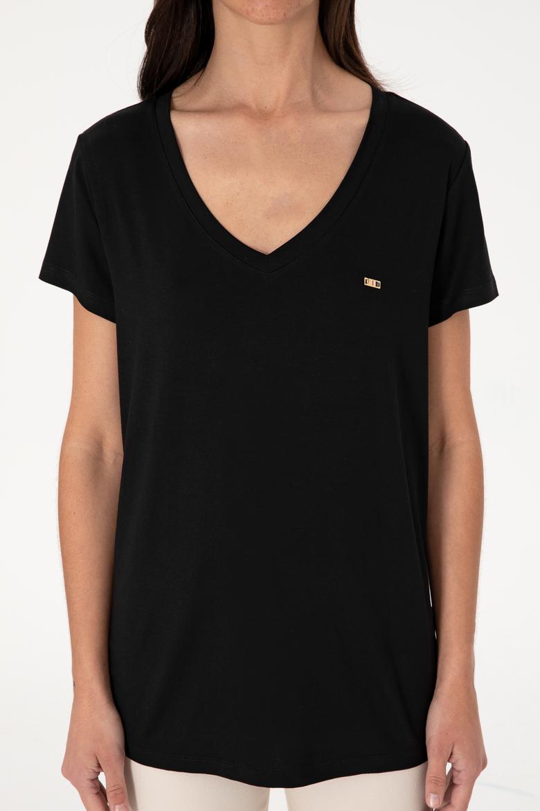 Kadın Siyah Modal Karışımlı V Yaka Basic Tişört - 50305773068