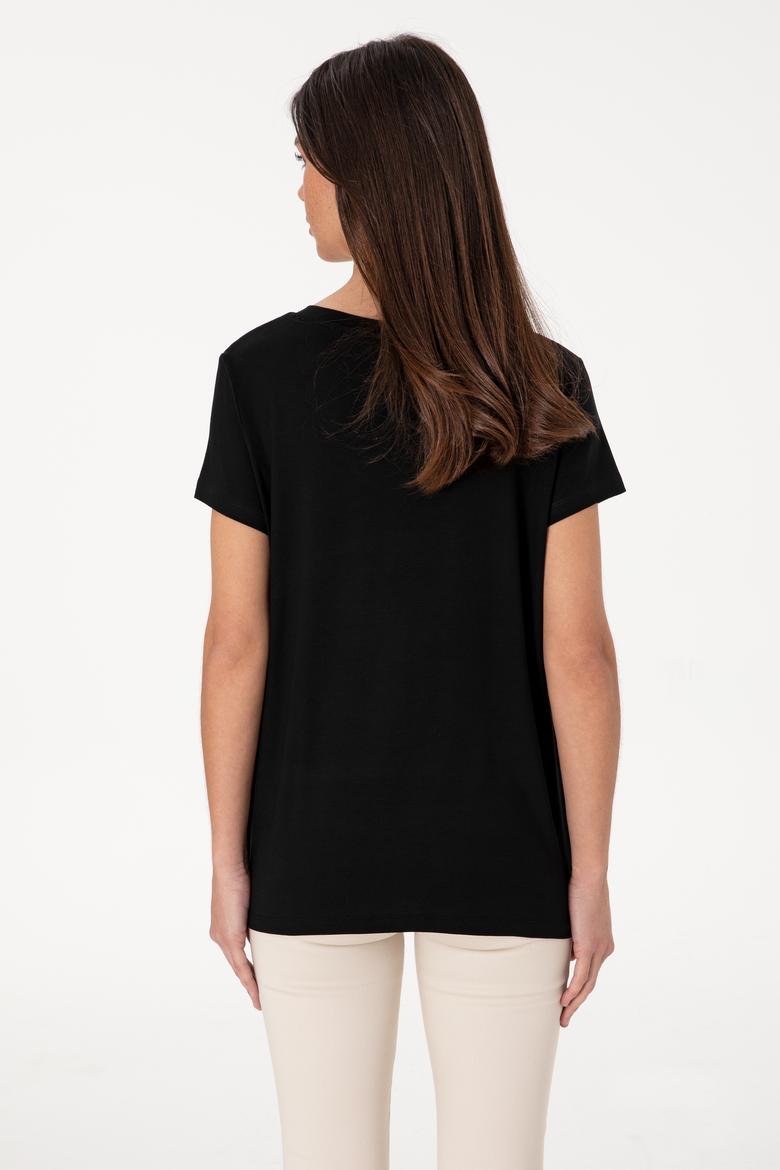 Kadın Siyah Modal Karışımlı V Yaka Basic Tişört - 50305773068