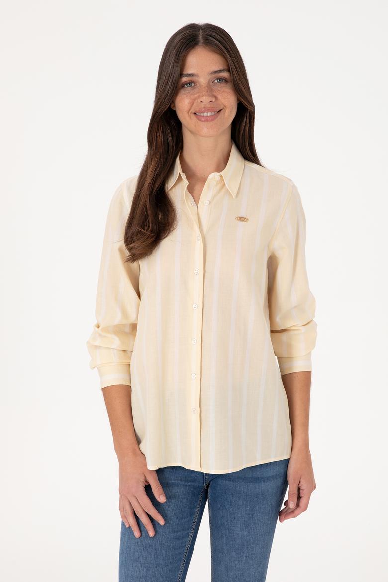 Kadın Bej Çizgili Uzun Kollu Gömlek