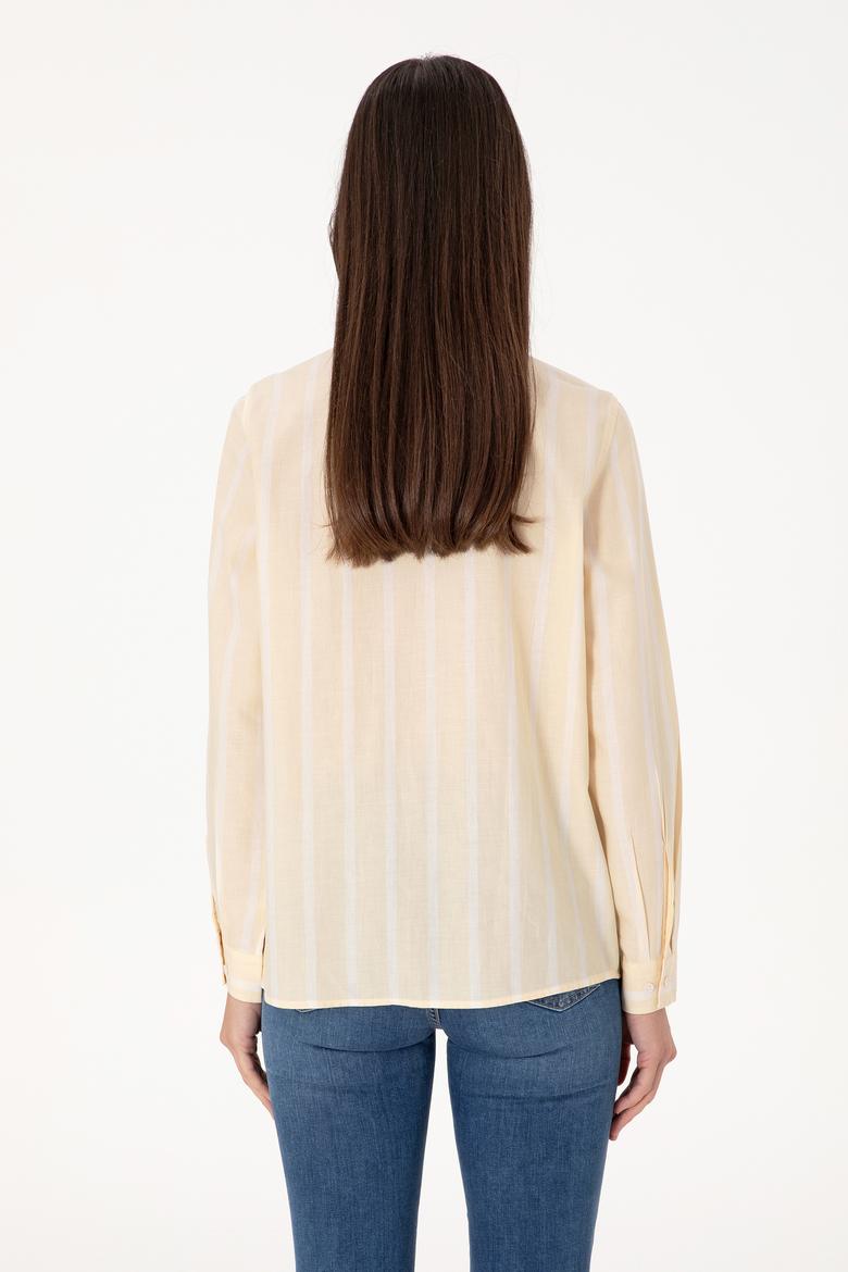 Kadın Bej Çizgili Uzun Kollu Gömlek - 50299620013