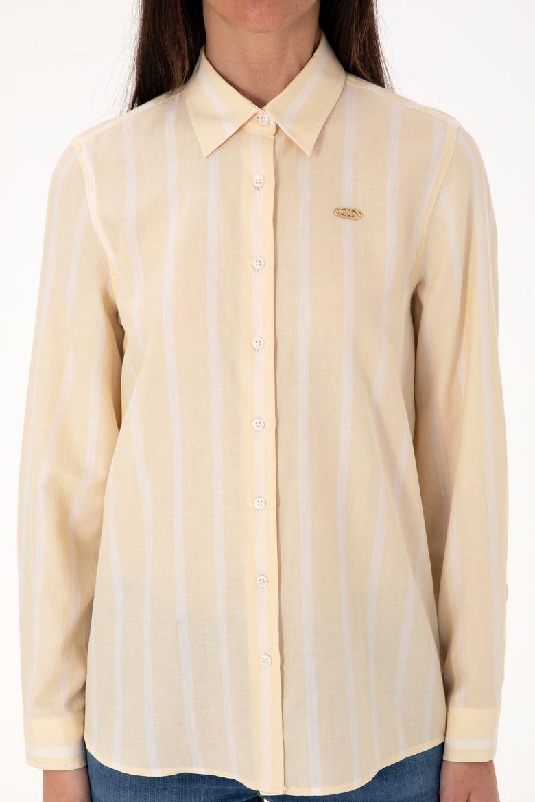 Kadın Bej Çizgili Uzun Kollu Gömlek - 50299620013
