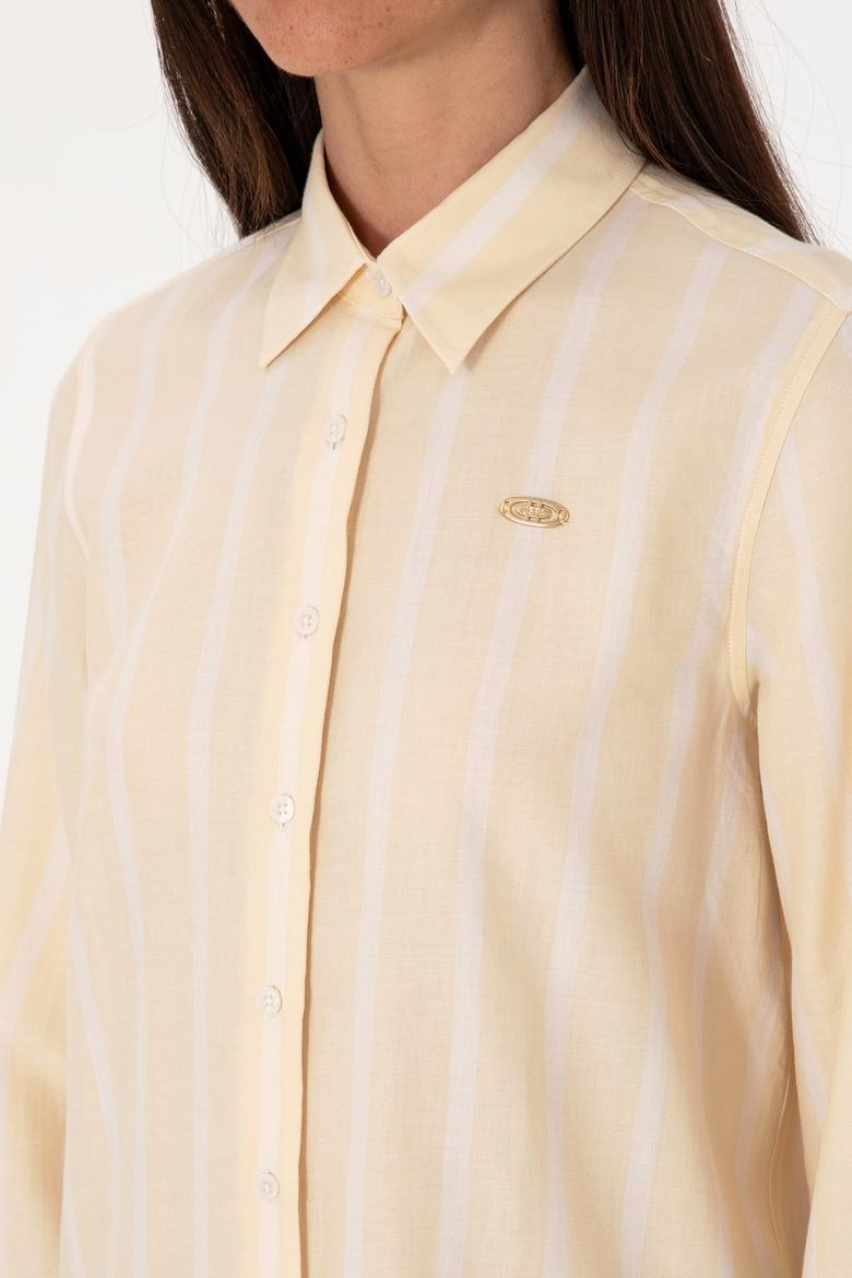 Kadın Bej Çizgili Uzun Kollu Gömlek - 50299620013