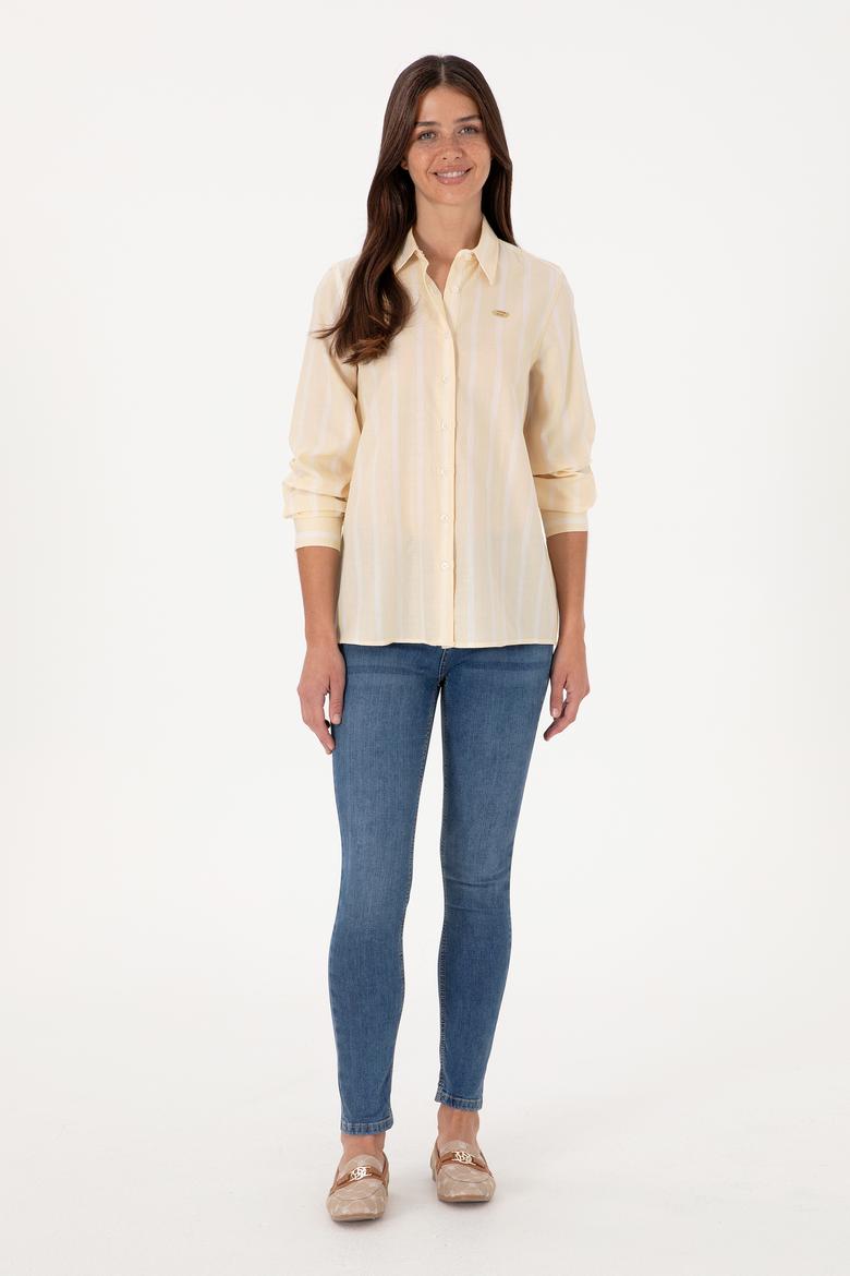 Kadın Bej Çizgili Uzun Kollu Gömlek - 50299620013
