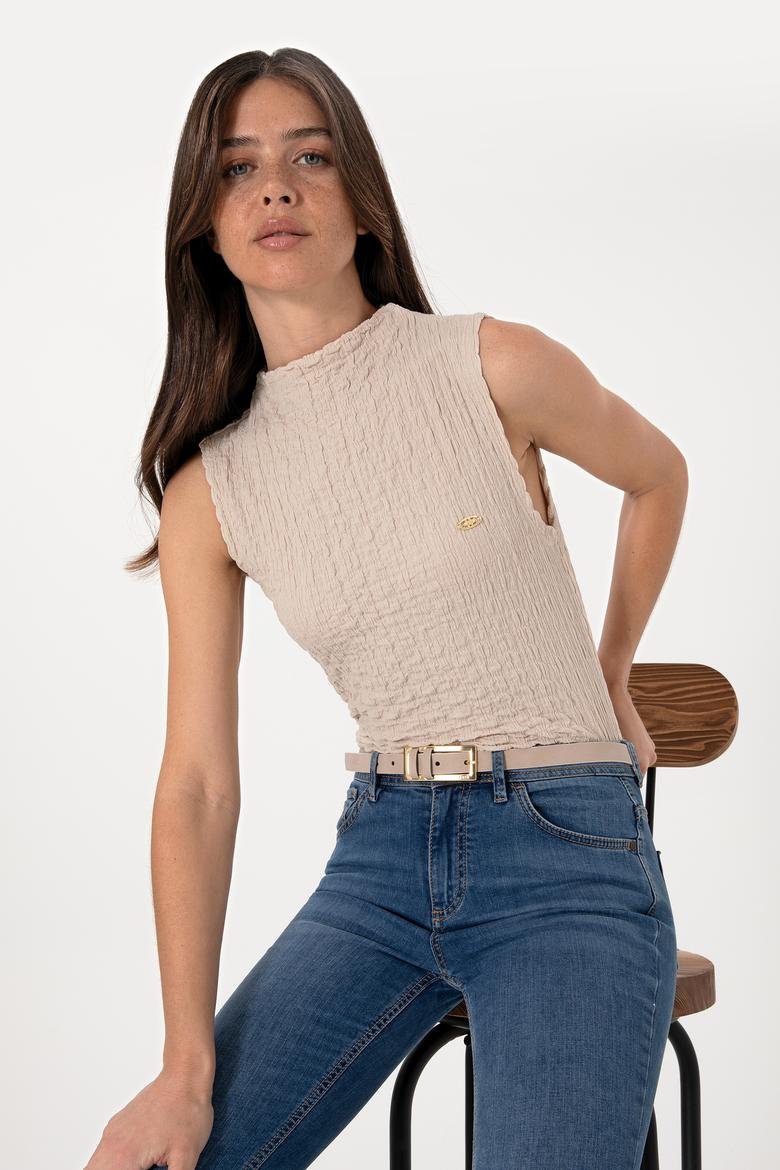 Kadın Taş Kolsuz Dik Yaka Tişört - 50300749023