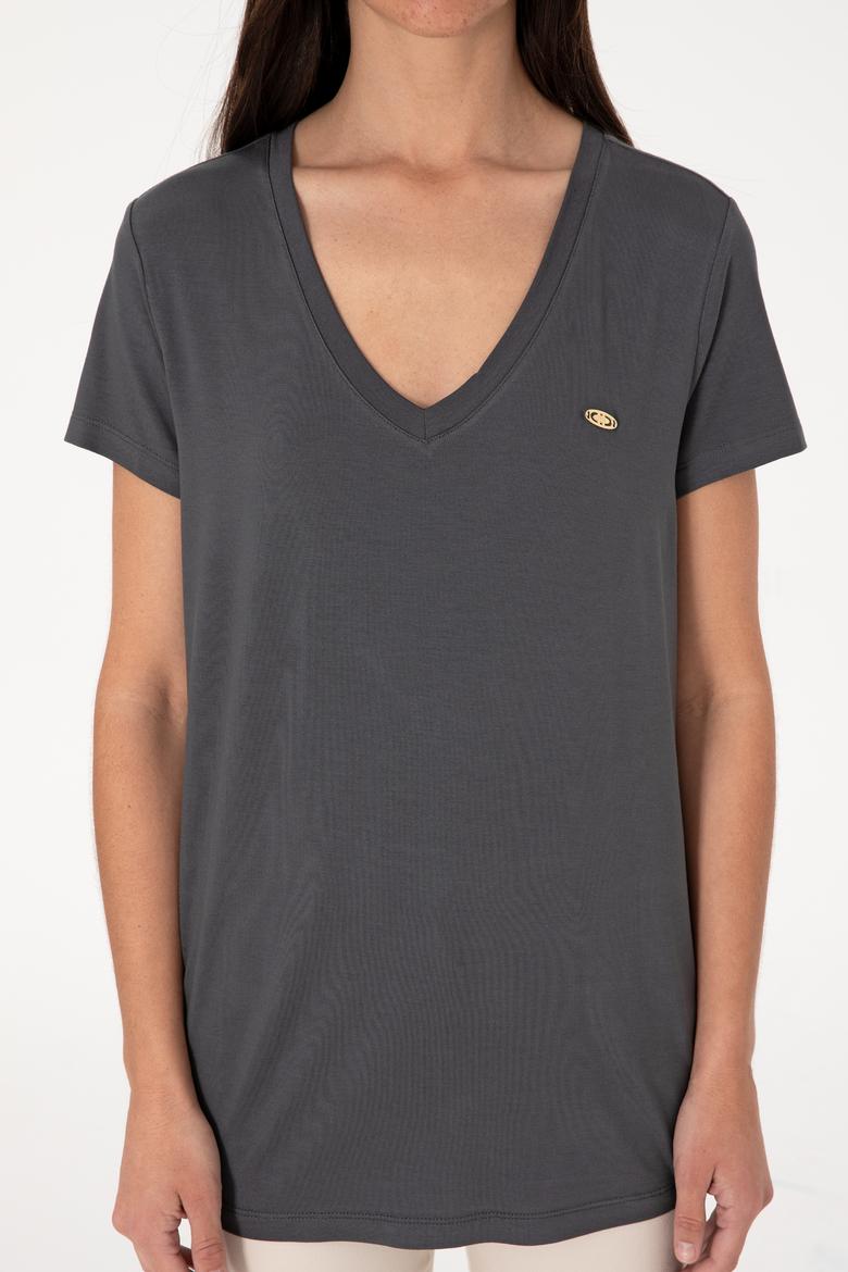 Kadın Antrasit V Yaka Basic Tişört - 50300829157