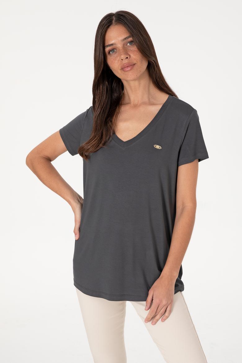 Kadın Antrasit V Yaka Basic Tişört - 50300829157