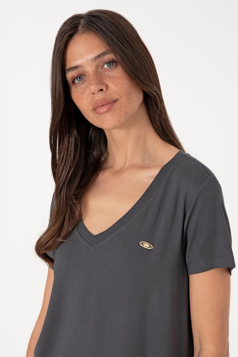 Kadın Antrasit V Yaka Basic Tişört - 50300829157