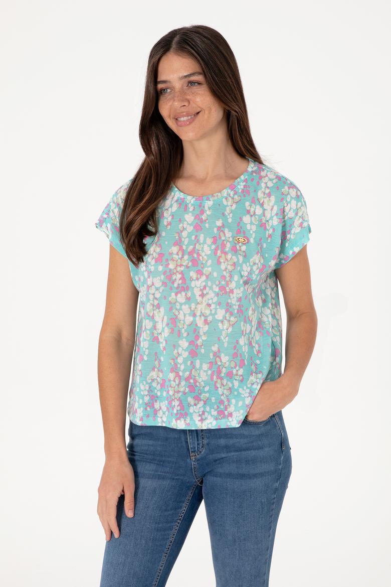 Kadın Aqua Desenli Bisiklet Yaka Tişört