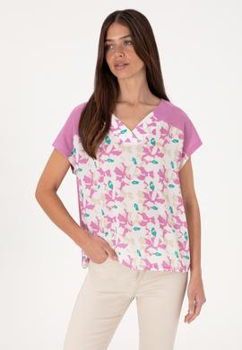 Kadın Fuşya Desenli V Yaka Tişört - 50301043004