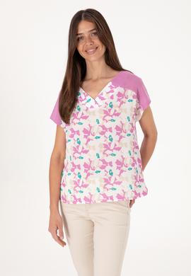 Kadın Fuşya Desenli V Yaka Tişört - 50301043004