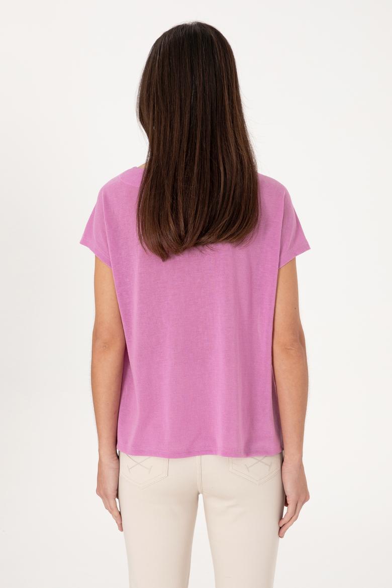 Kadın Fuşya Desenli V Yaka Tişört - 50301043004