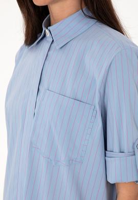 Kadın Mavi Uzun Kollu Çizgili Tunik Gömlek - 50299523006
