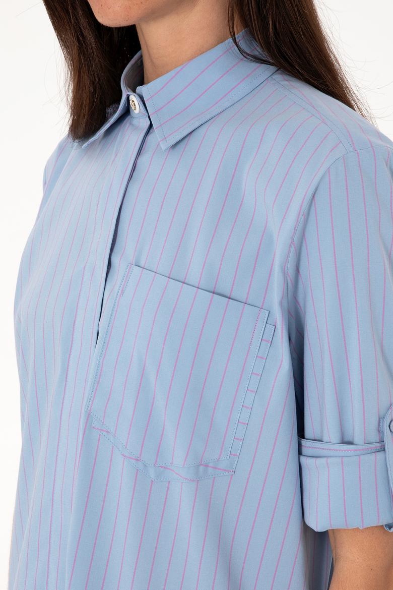 Kadın Mavi Uzun Kollu Çizgili Tunik Gömlek - 50299523006