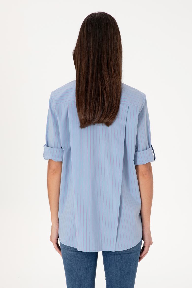 Kadın Mavi Uzun Kollu Çizgili Tunik Gömlek - 50299523006