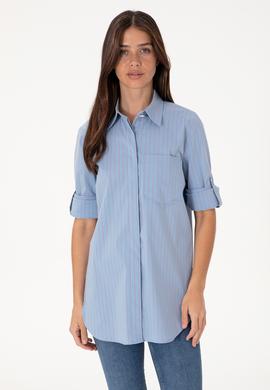 Kadın Mavi Uzun Kollu Çizgili Tunik Gömlek - 50299523006