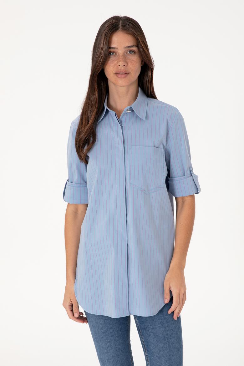 Kadın Mavi Uzun Kollu Çizgili Tunik Gömlek
