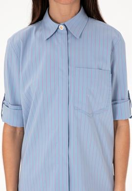 Kadın Mavi Uzun Kollu Çizgili Tunik Gömlek - 50299523006