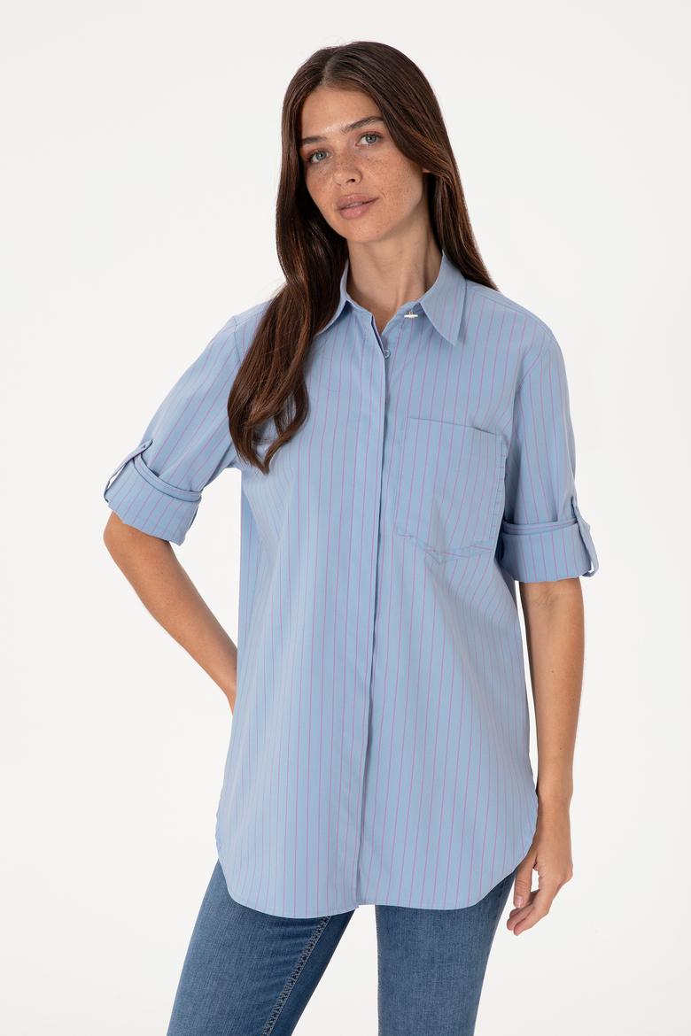 Kadın Mavi Uzun Kollu Çizgili Tunik Gömlek - 50299523006