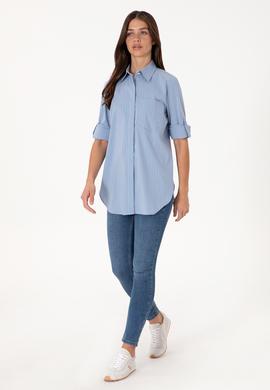 Kadın Mavi Uzun Kollu Çizgili Tunik Gömlek - 50299523006