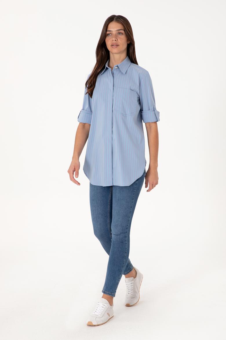 Kadın Mavi Uzun Kollu Çizgili Tunik Gömlek - 50299523006