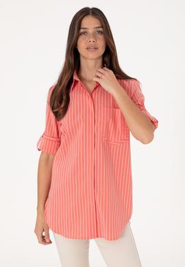 Kadın Kırmızı Uzun Kollu Çizgili Tunik Gömlek - 50299523015