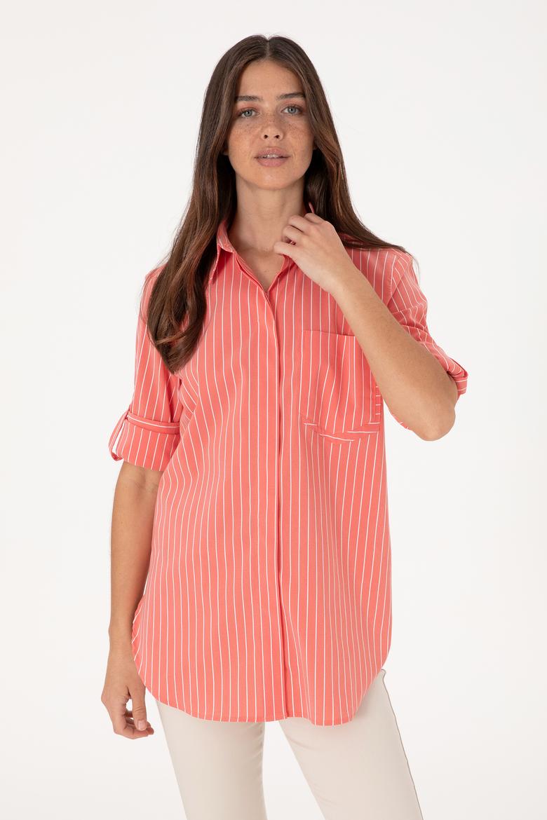 Kadın Kırmızı Uzun Kollu Çizgili Tunik Gömlek