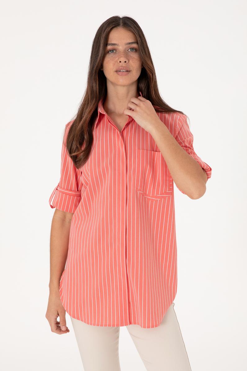 Kadın Kırmızı Uzun Kollu Çizgili Tunik Gömlek