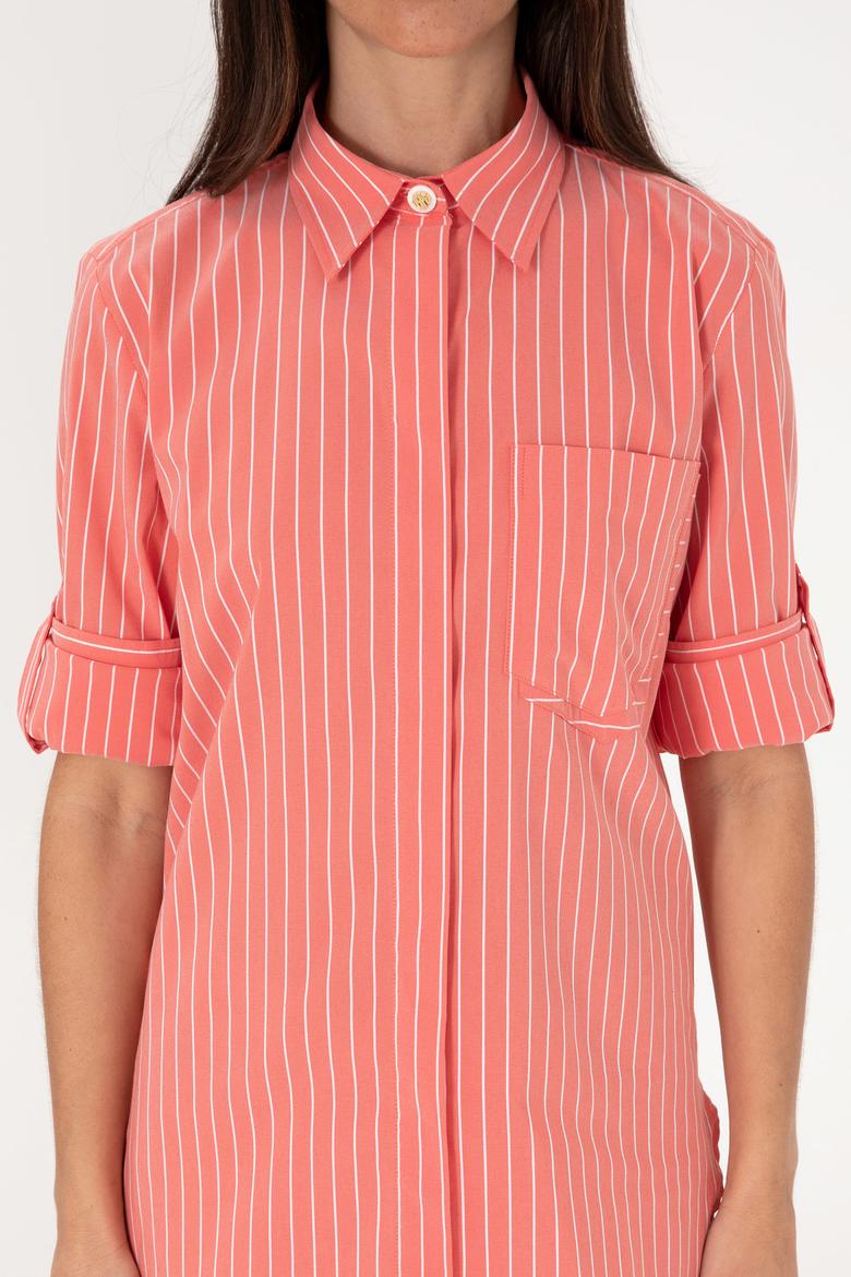 Kadın Kırmızı Uzun Kollu Çizgili Tunik Gömlek - 50299523015