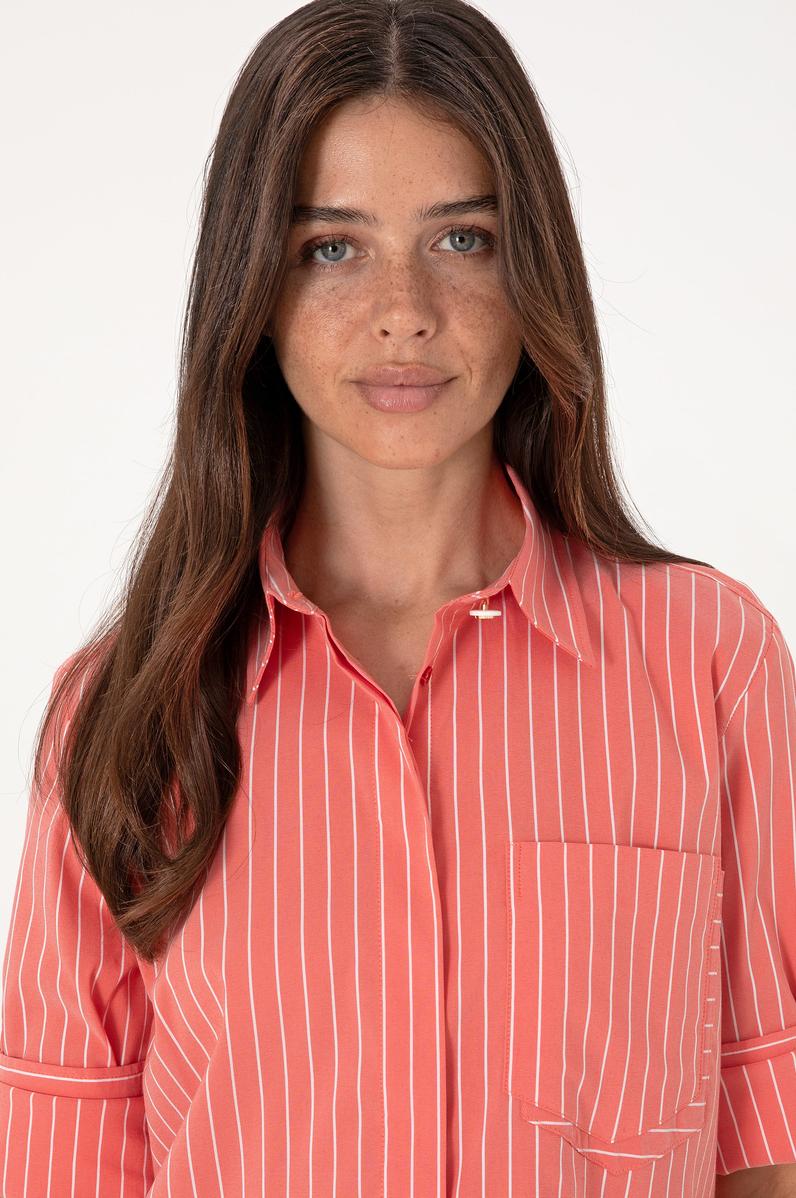 Kadın Kırmızı Uzun Kollu Çizgili Tunik Gömlek