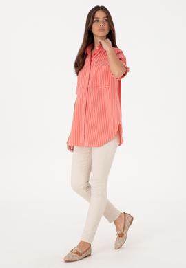 Kadın Kırmızı Uzun Kollu Çizgili Tunik Gömlek - 50299523015