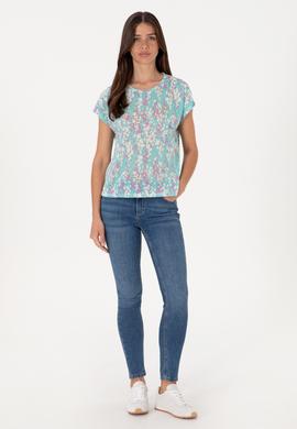 Kadın Aqua Desenli Bisiklet Yaka Tişört - 50300766006
