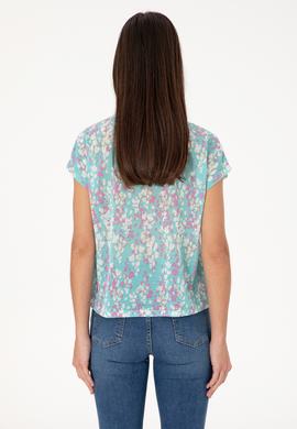 Kadın Aqua Desenli Bisiklet Yaka Tişört - 50300766006