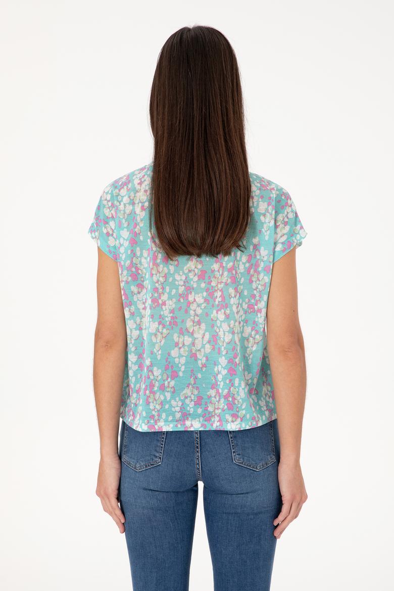 Kadın Aqua Desenli Bisiklet Yaka Tişört - 50300766006
