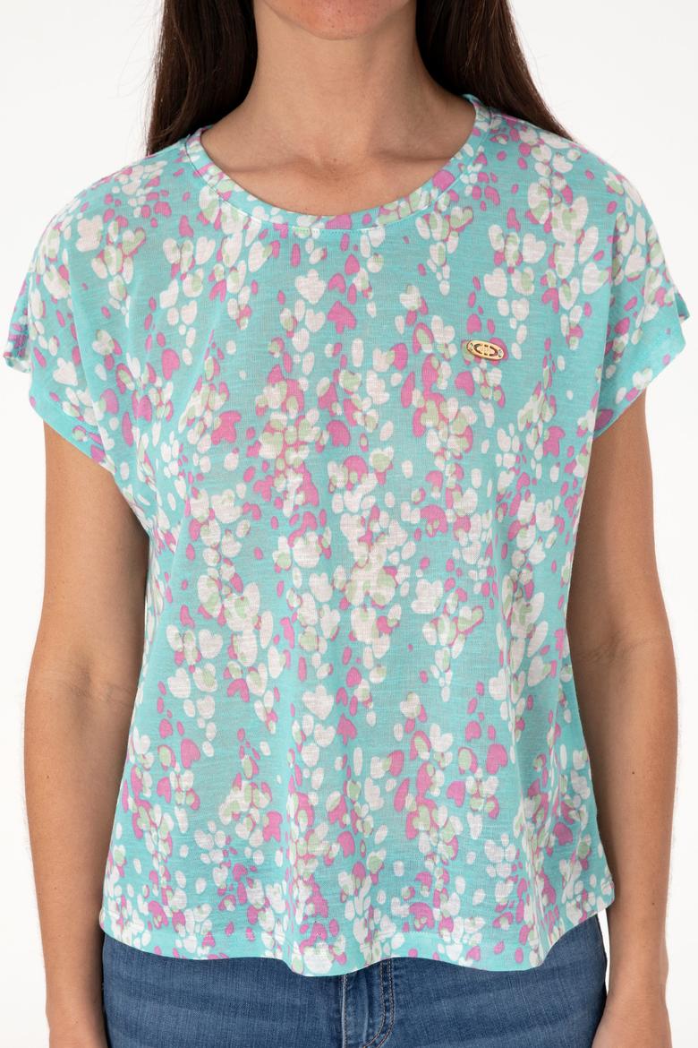 Kadın Aqua Desenli Bisiklet Yaka Tişört - 50300766006