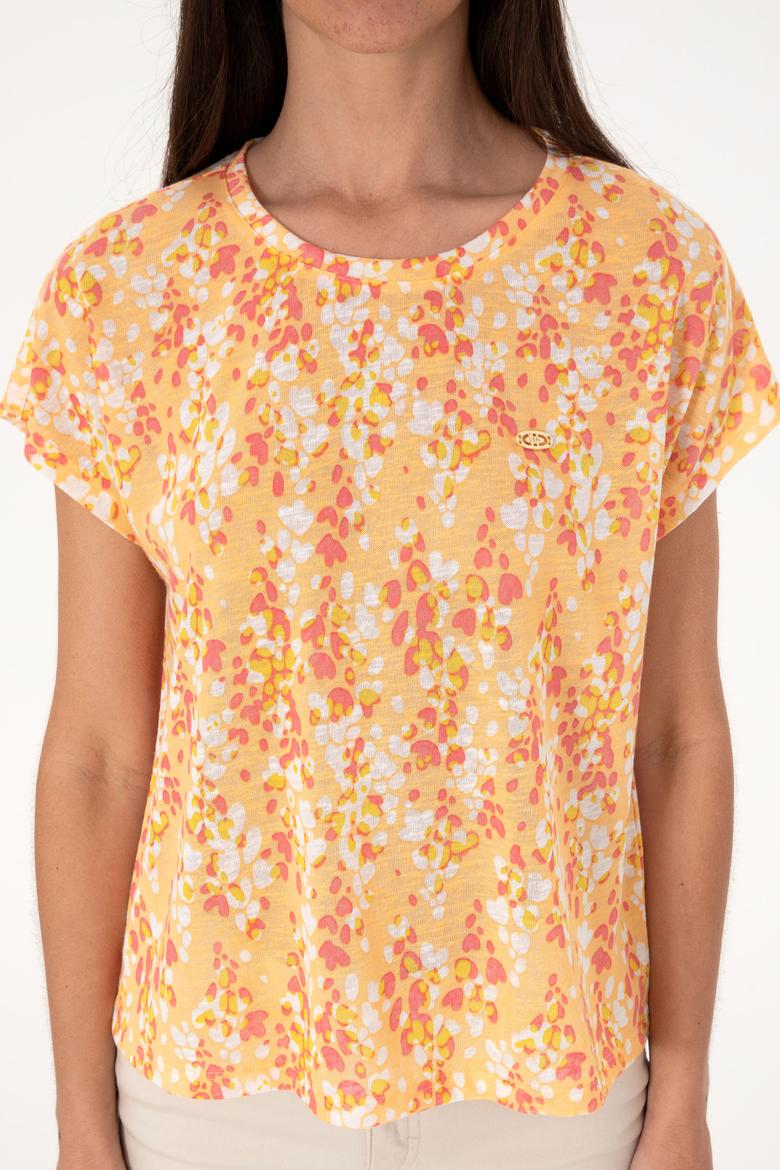 Kadın Turuncu Desenli Bisiklet Yaka Tişört - 50300766014