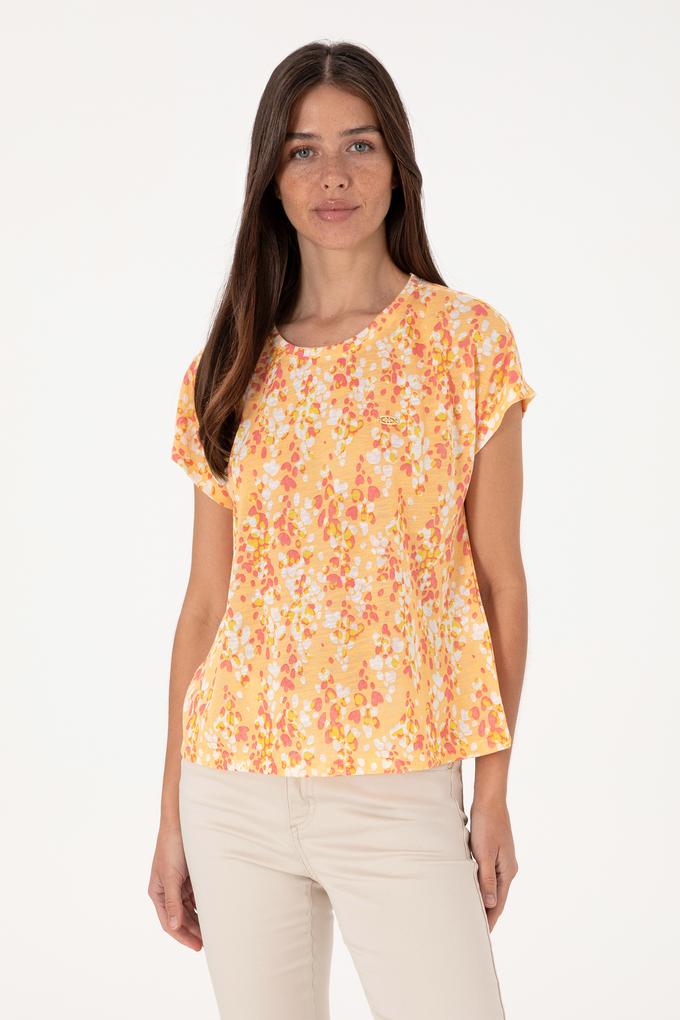 Kadın Turuncu Desenli Bisiklet Yaka Tişört