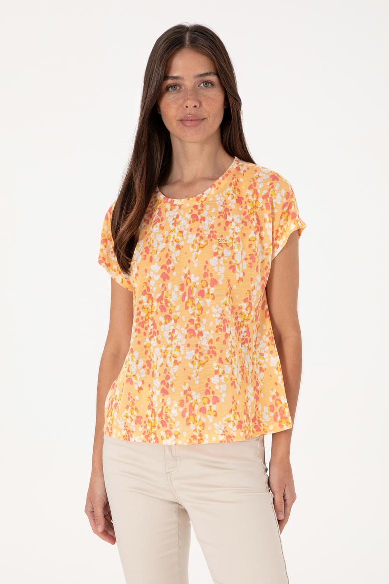 Kadın Turuncu Desenli Bisiklet Yaka Tişört